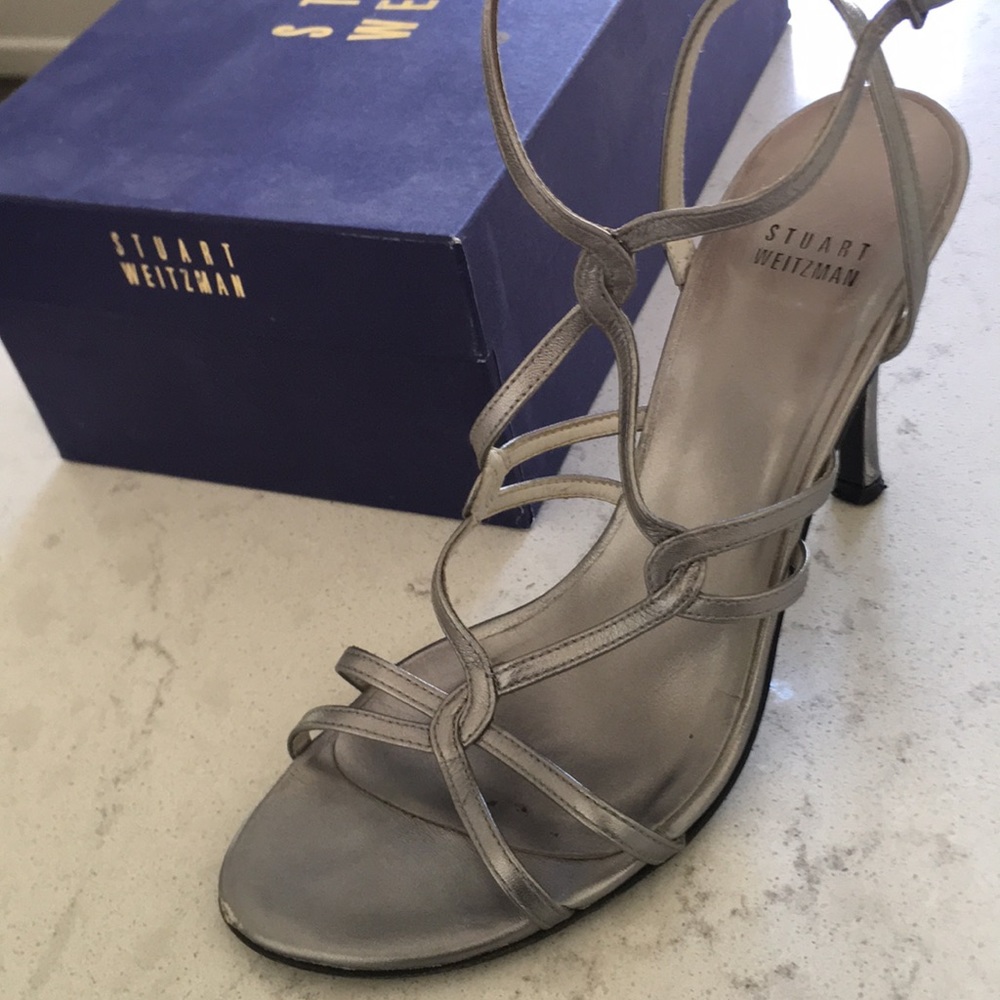 Lovely pewter ankle strap high heel sandal